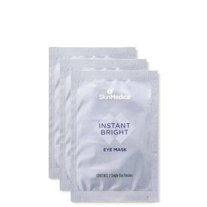 SkinMedica Instant Bright Eye Mask three packets with golden root, yeast extract for puffiness and tired under-eye care use.