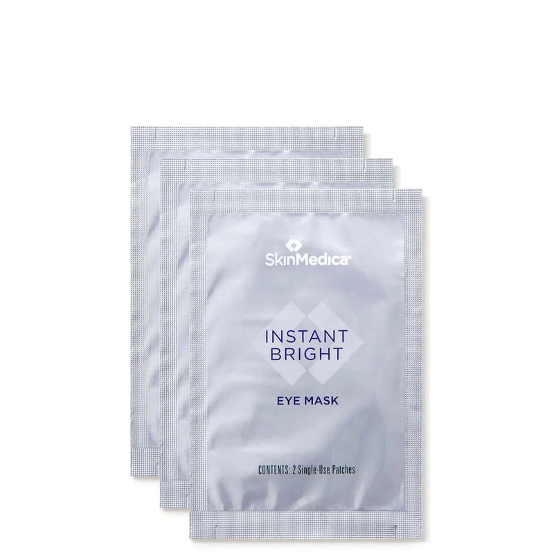 SkinMedica Instant Bright Eye Mask three packets with golden root, yeast extract for puffiness and tired under-eye care use.