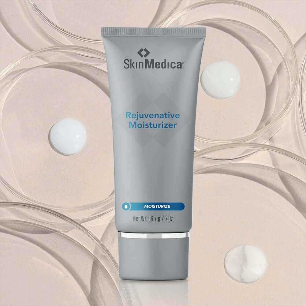 SkinMedica Rejuvenative Moisturizer tube with cream drops showing vitamin C, vitamin E and shea butter hydration care today.