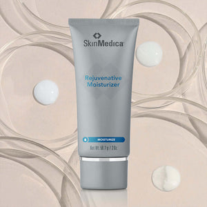 SkinMedica Rejuvenative Moisturizer tube with cream drops showing vitamin C, vitamin E and shea butter hydration care today.