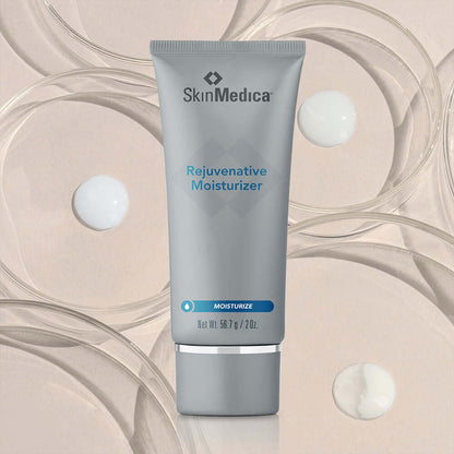 SkinMedica Rejuvenative Moisturizer tube with cream drops showing vitamin C, vitamin E and shea butter hydration care today.