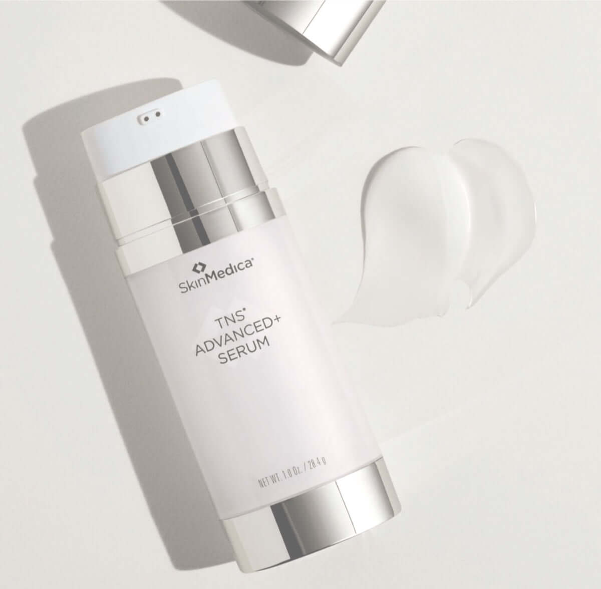 SkinMedica TNS Advanced+ Serum with texture swatch for fine lines, wrinkles, skin tone, and smoother-looking skin daily use.