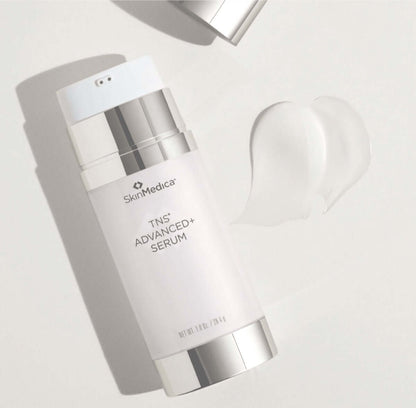 SkinMedica TNS Advanced+ Serum with texture swatch for fine lines, wrinkles, skin tone, and smoother-looking skin daily use.