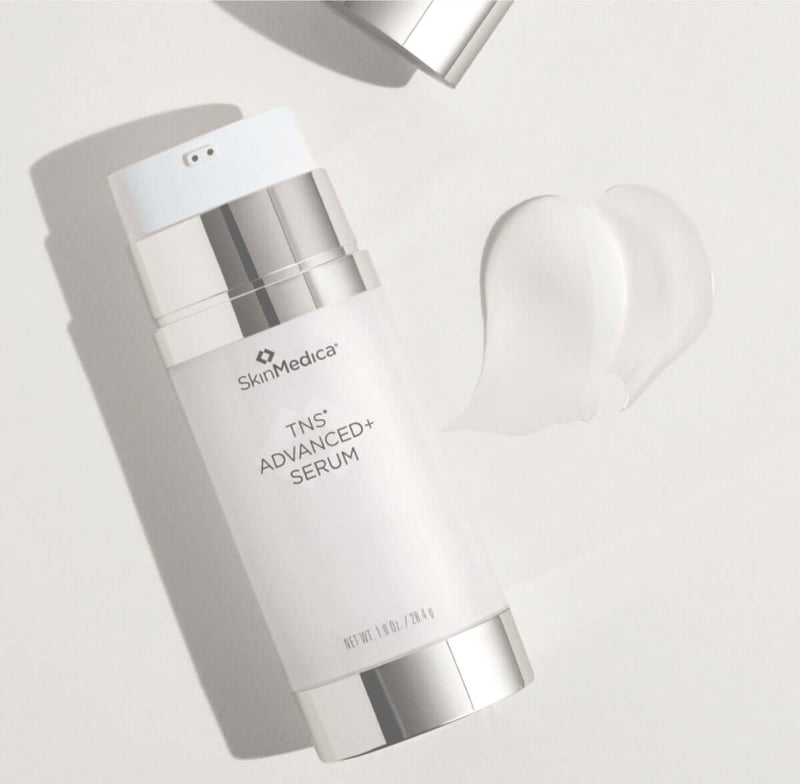 SkinMedica TNS Advanced+ Serum with texture swatch for fine lines, wrinkles, skin tone, and smoother-looking skin daily use.