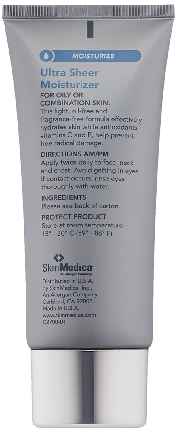 SkinMedica Ultra Sheer Moisturizer back label with vitamins C and E details for oily or combination skin hydration daily use