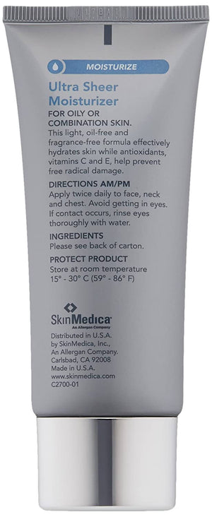 SkinMedica Ultra Sheer Moisturizer back label with vitamins C and E details for oily or combination skin hydration daily use