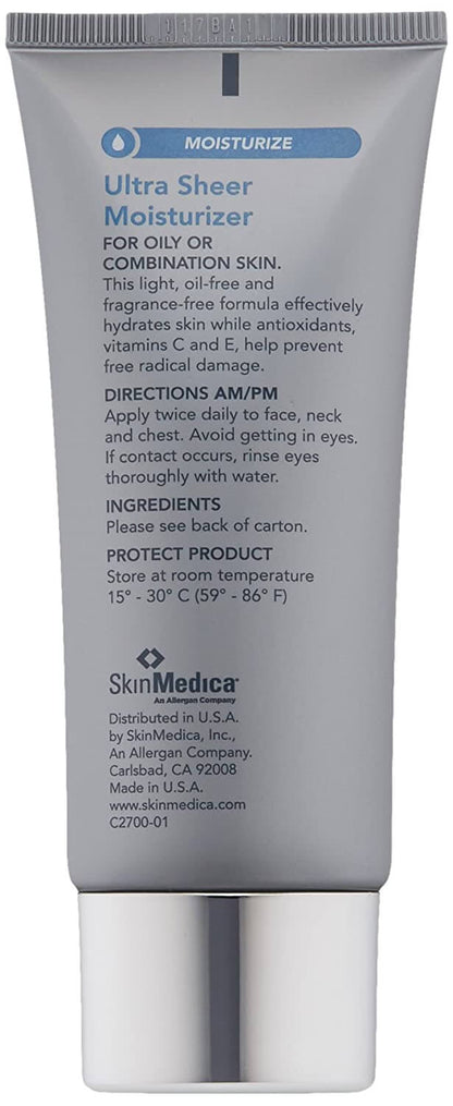 SkinMedica Ultra Sheer Moisturizer back label with vitamins C and E details for oily or combination skin hydration daily use