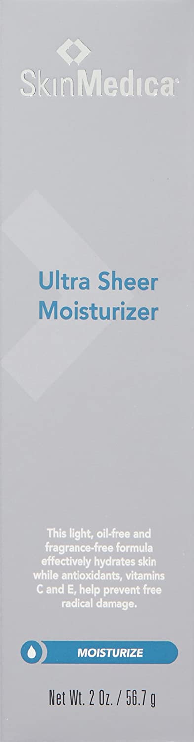 SkinMedica Ultra Sheer Moisturizer box front showing oil free fragrance free formula with antioxidants vitamins C and E.