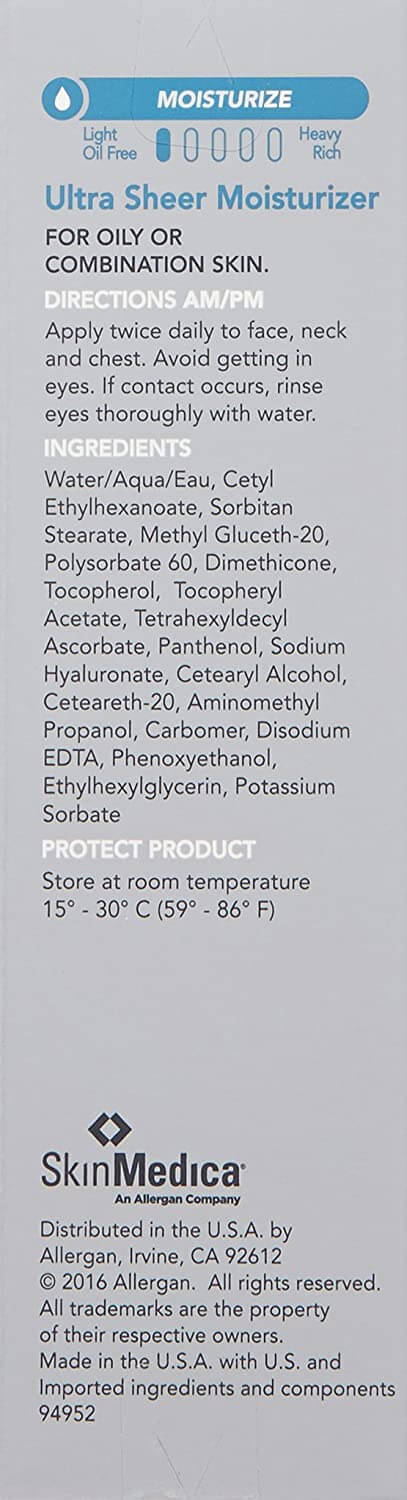SkinMedica Ultra Sheer Moisturizer ingredient panel with dimethicone vitamin E panthenol and sodium hyaluronate details.