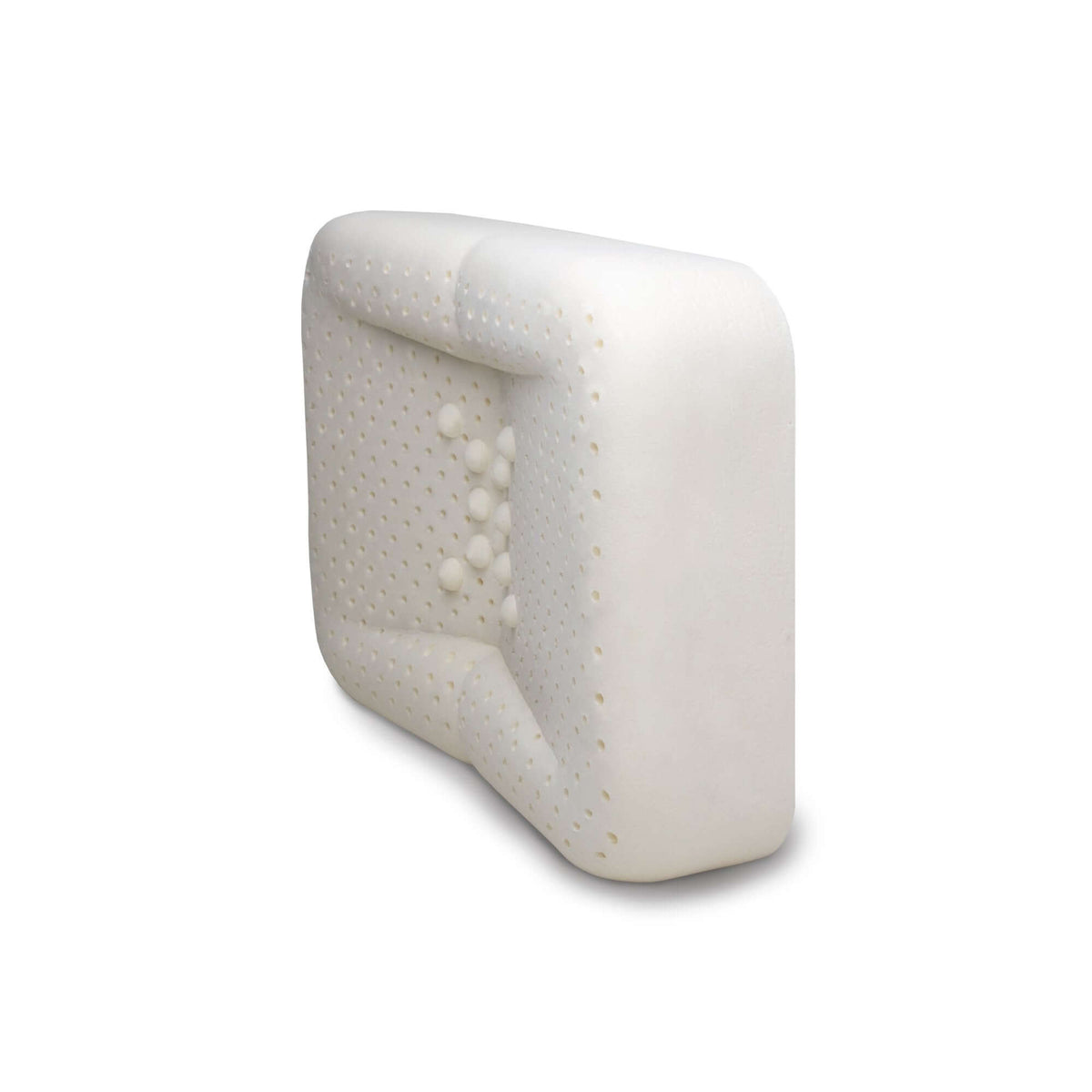 The enVy Copper Silk Pillow side view shows contoured organic latex core with ventilation holes and neck support design use.
