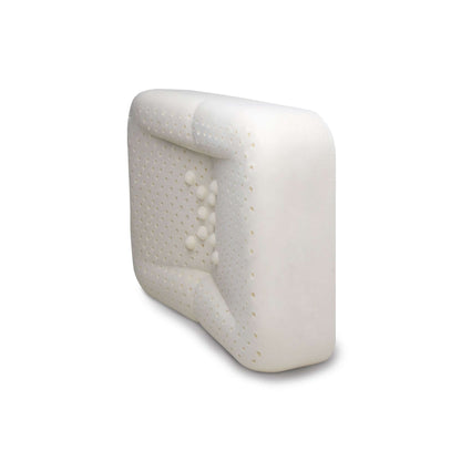 The enVy Copper Silk Pillow side view shows contoured organic latex core with ventilation holes and neck support design use.