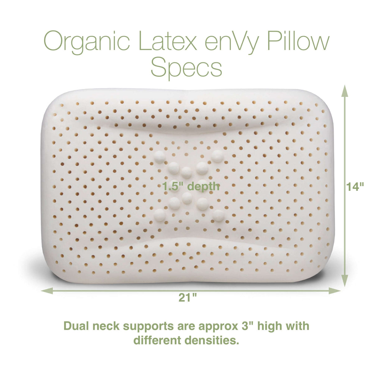 The enVy Copper Silk Pillow specs graphic shows organic latex pillow sizes, ventilation holes and dual neck support details.