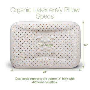 The enVy Copper Silk Pillow specs graphic shows organic latex pillow sizes, ventilation holes and dual neck support details.