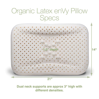 The enVy Copper Silk Pillow specs graphic shows organic latex pillow sizes, ventilation holes and dual neck support details.