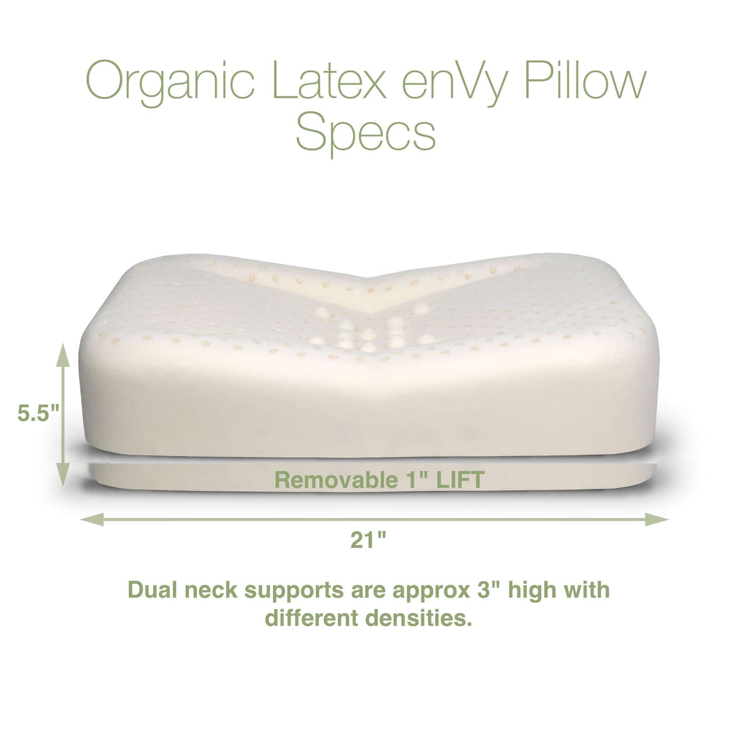 The enVy Copper Silk Pillow specs graphic shows 21 inch width, 5 inch height, removable lift and dual neck support details.