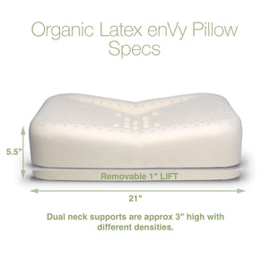 The enVy Copper Silk Pillow specs graphic shows 21 inch width, 5 inch height, removable lift and dual neck support details.