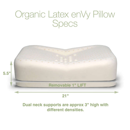 The enVy Copper Silk Pillow specs graphic shows 21 inch width, 5 inch height, removable lift and dual neck support details.