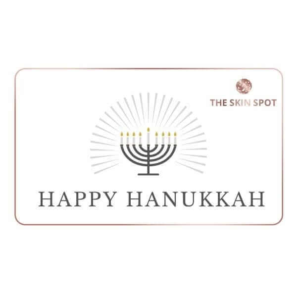 The Skin Spot Happy Hanukkah gift card with menorah design for holiday skincare gifting and beauty gift choices online today