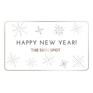 The Skin Spot Happy New Year gift card with starburst design for fresh skincare gifting and beauty shopping celebration 2025