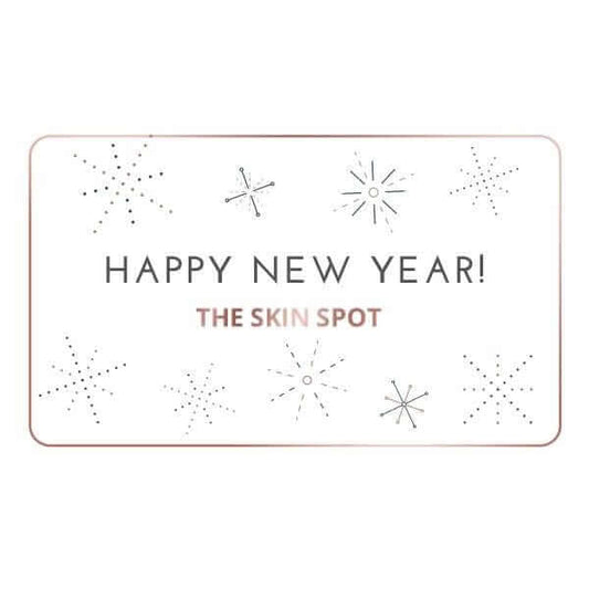 The Skin Spot Happy New Year gift card with starburst design for fresh skincare gifting and beauty shopping celebration 2025