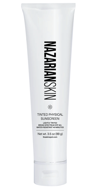 NazarianSkin tinted physical sunscreen SPF 50 with zinc oxide provides mineral UV protection and light tint for skin tone