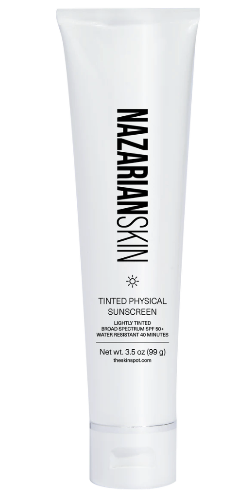 NazarianSkin tinted physical sunscreen SPF 50 with zinc oxide provides mineral UV protection and light tint for skin tone